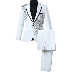 White Suit Set Floral Embellished Occasion Prom Party Costume Tuxedo XLarge NEW